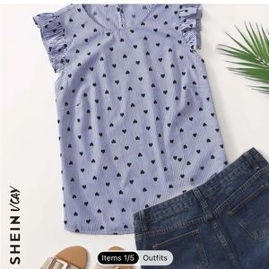 SHEIN striped and hearts flutter sleeve shirt